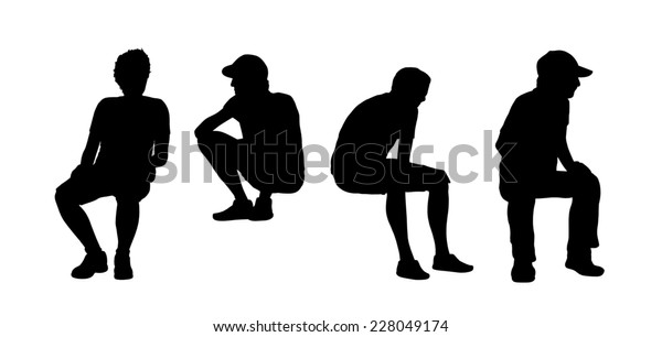 年齢の違う男性の黒いシルエットが 屋外 正面 および縦断ビューに座っています のイラスト素材