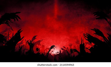Black silhouettes of sinister undead hands rising from the ground, bony and fleshy, whole and broken, they reach for the sky. On a blood-red dark background with fog and sunrise on the horizon. 2d art