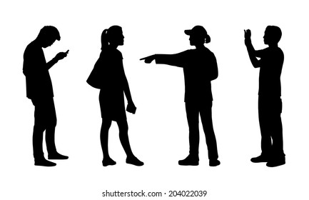 black silhouettes of teen asian men and women standing outdoor in different postures, front, back and profile views