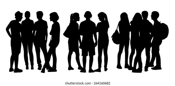 black silhouettes of three groups of different teen people standing and talking to each other