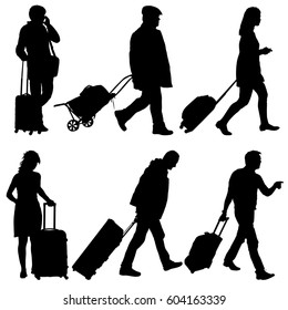 Black silhouettes travelers with suitcases on white background. illustration.