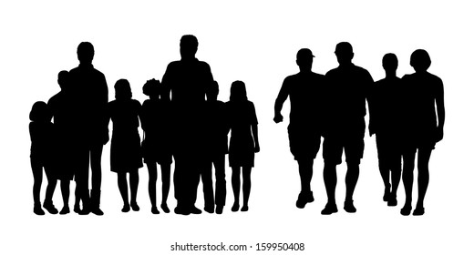 Black Silhouettes Of Two Big Groups Of People Of Different Sex And Age Walking In The Street, Front View