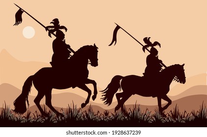 black silhouettes of two medieval knights on horseback, against the sky, reconstruction