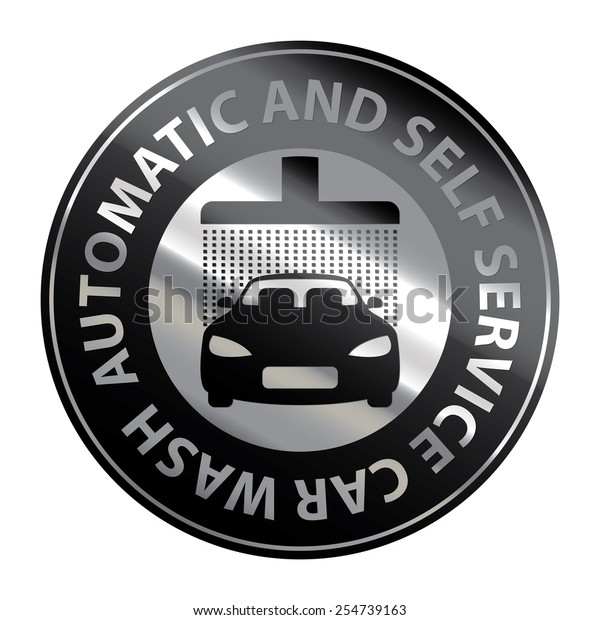 Black and Silver Metallic Circle Shape Automatic and\
Self Service Car Wash Icon, Label, Sign or Sticker Isolated on\
White Background 