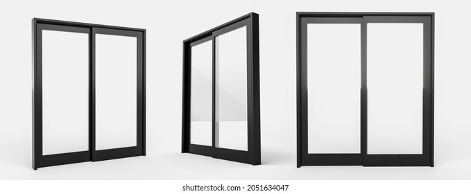 Black sliding door in the shop or windows. Background for banner. Advertising. Modern construction technologies 3d illustration. 