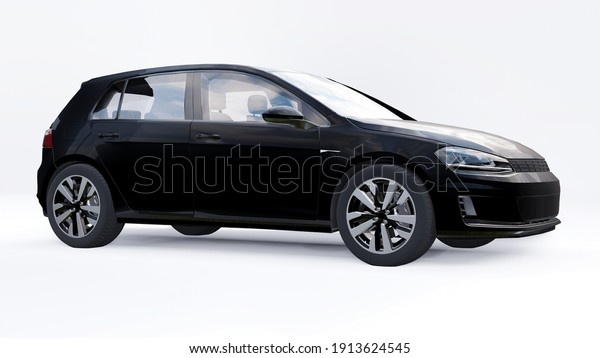 Black small family car hatchback on white\
background. 3d\
rendering