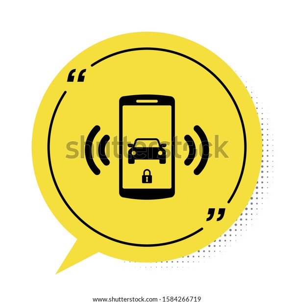 Black Smart car alarm system icon\
isolated on white background. The smartphone controls the car\
security on the wireless. Yellow speech bubble symbol.\
