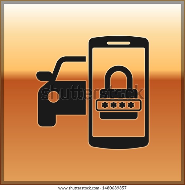 Black Smart car security system icon isolated on\
gold background. The smartphone controls the car security on the\
wireless