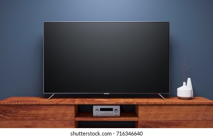 Black Smart Tv Mockup On Wooden Console. 3d Rendering