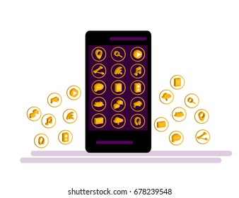 Black Smartphone with cloud of application icons and  Apps icons flying around them, isolated on White background. Flat Illustration