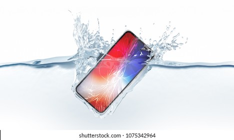 Black smartphone mock up with colored screen fall in water, 3d rendering. Mobile smart phone mockup sinks under liquid surface. New Electronic waterproof cellphone falling and dive with splashes.