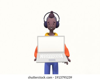 Black smiling guy with headphones holding laptop, cartoon device mockup. Funny cartoon characters, trendy 3d illustration. - Powered by Shutterstock