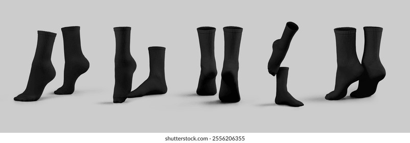 Black socks mockup 3D rendering, foot wear, for design, branding, front, side, back view. Template of fashion high gaiters on tiptoes, isolated on background. A set of stylish sports clothes - Powered by Shutterstock