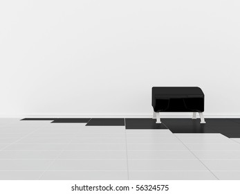 Black sofa in the empty white room, 3D render/illustrations, black and white, similar compositions available in my portfolio