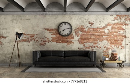 Black Sofa In A Grunge Room With Old Brick Wall - 3d Rendering