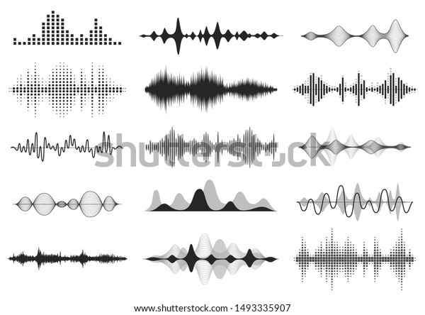 黒い音波 音楽オーディオ周波数 音声ライン波形 電子無線信号 音量レベルシンボル 曲線電波セット のイラスト素材