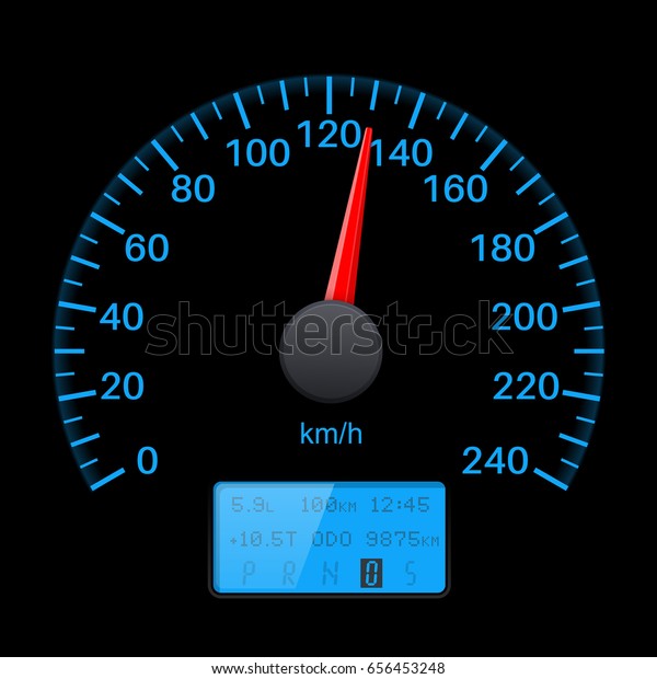 Black\
speedometer scale with blue back light. Speed gauge. 3d\
illustration on black background. Raster\
version