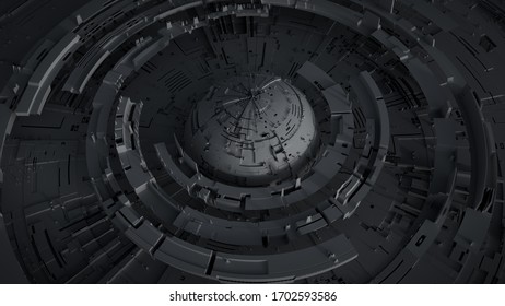 Black spherical mechanical construction. Engineering technologies design. 3D rendering illustration with DOF