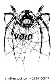 a black spider with long legs, between which there is a web with the inscription void in the center