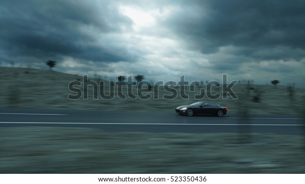 Black sport car on road, highway. Very fast\
driving. 3d\
rendering.