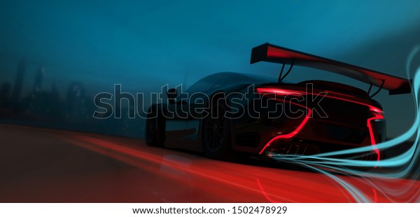 Black\
sports car - city street racer concept (with grunge overlay) brand\
less -  rear view, outdoor studio - 3d\
illustration