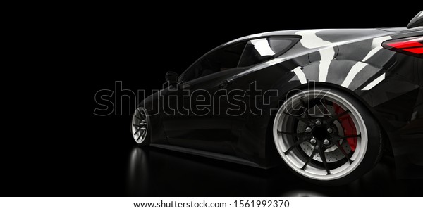 Black sports car coupe on a black background.\
3d rendering.
