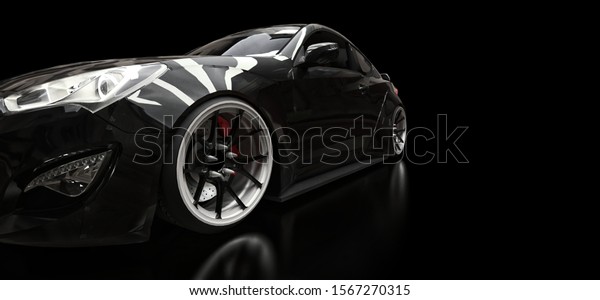 Black sports car coupe on a black background.\
3d rendering.