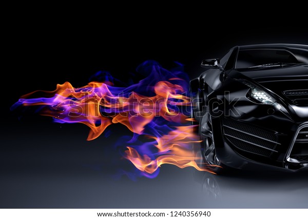 Black sports car and fire flames.\
Non-branded original car design. 3D\
illustration.