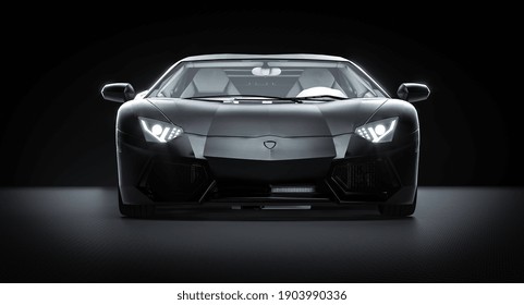 Black Sports Car On Carbon Fiber Background. 3d Render.