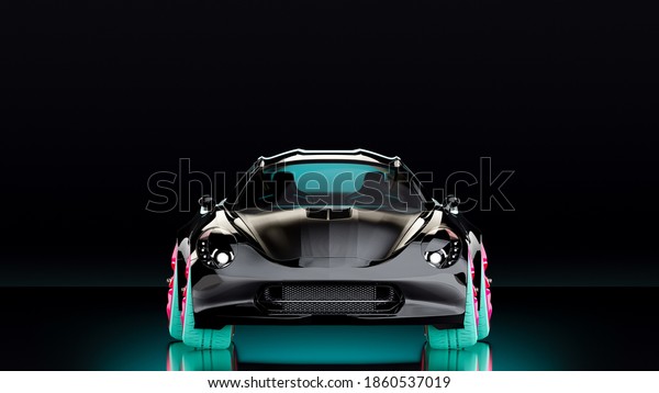 Black sports car\
with pink alloy wheels and green car tires on dark night\
background. Clipping path, 3D\
Render.