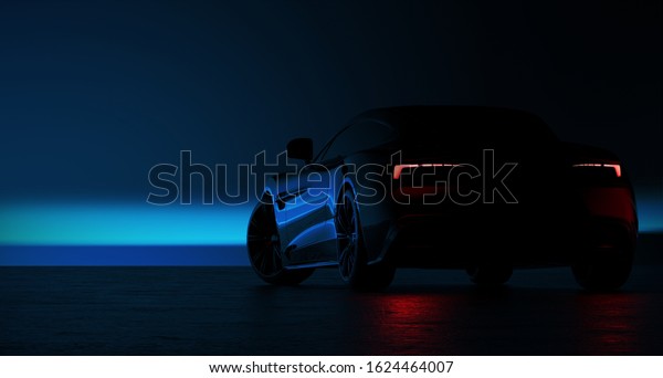 Black sports car, rear view\
with custom tail lights design (with grunge overlay) - 3d\
illustration