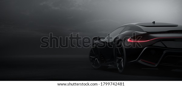 Black sports\
car, rear view (non-existent car design, full generic), tail lights\
detail - 3d illustration, 3d\
render
