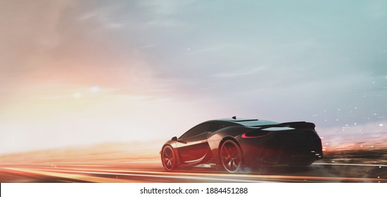 Black sports car speeding on the open road at sunset (non-existent car design, full generic) - 3d illustration, 3d render