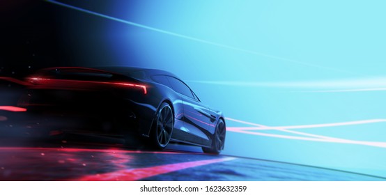 Black Sports Car Speeding (with Grunge Overlay And Motion Blur) Brand Less, Custom Tail Lights Design - 3d Illustration