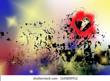 Black spots, blots and splashes on a color yellow - blue gradient background. An abstract image distantly resembling a red flower falling apart. Template greeting card, poster, banner, print.