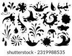 Black spots and drops mega set graphic elements in flat design. Bundle of liquid paint drips splashing, wet dye prints and ink spraying of drawing grunge texture. Illustration isolated objects