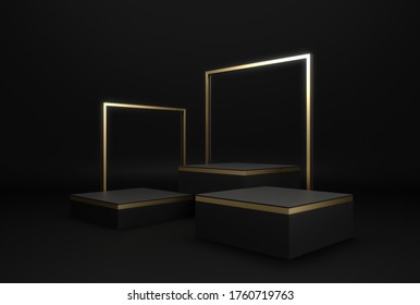 Black Square Box With Golden Frame, Luxury And Modern Concept, Pedestal, Podium, Stand, 3D Rendering.