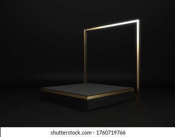 Black Square Box With Golden Frame, Luxury And Modern Concept, Pedestal, Podium, Stand, 3D Rendering.