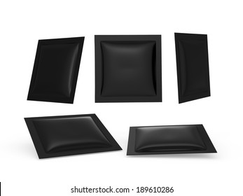 Black Square Heat Sealed Packet  With Clipping Path, Packaging For Sweet, Snack, Milk Bar, Coffee, Salt, Sugar, Medicine Drug, Cooling Gel Patch, Condom, Seed, Or Paper Wipe, Ready For Your Design