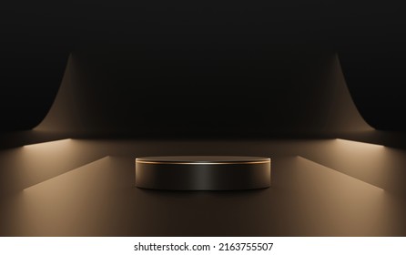 Black Stage Luxury Gold Podium On Empty Dark Background With Abstract Presentation Golden Light Scene Or Spotlight Product Pedestal Platform And 3d Backdrop Studio Show Space Of Premium Advertising.