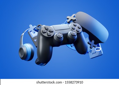 Black standard videogame controller, headphones and game console on a blue gradient background. 3d rendering.