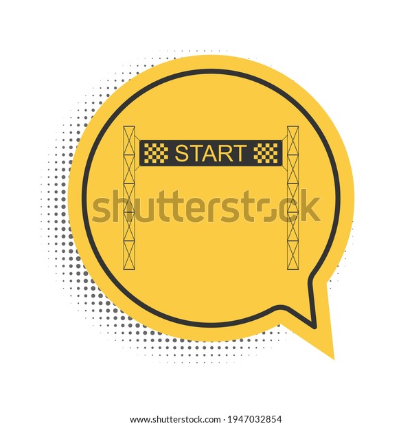 Black Starting line icon\
isolated on white background. Start symbol. Yellow speech bubble\
symbol.