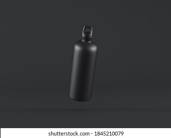 Black Steel Metal Water Bottle Mockup On Dark Background, 3d Rendering