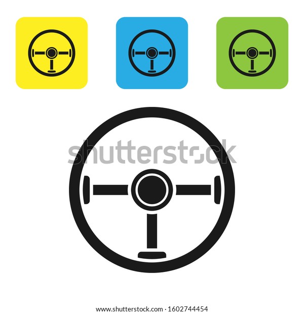 Black Steering wheel\
icon isolated on white background. Car wheel icon. Set icons\
colorful square buttons.\
