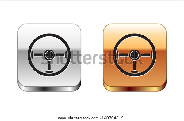 Black Steering wheel icon\
isolated on white background. Car wheel icon. Silver-gold square\
button. 