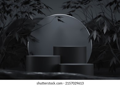 Black Stone Pedestal Background Presentation 3d Stage Podium Of Abstract Nature Tree Branch Leaf Or Product Platform Stand Display Rock Showcase And Empty Dark Marble Premium Scene Blank Space Mockup.