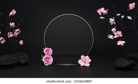 Black Stone Podium Stage With Pink Blossom, Flowers And Golden Ring, For Luxury Product Promotion, Banner, Presentation, Photorealistic 3D Illustration, Suitable For Social Media Product Sales.