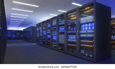 Black storage and processing unit, large AI processing server room, data center storage and network processing room, SSD and hard disk drive storage, and processor cooling system,3D rendering