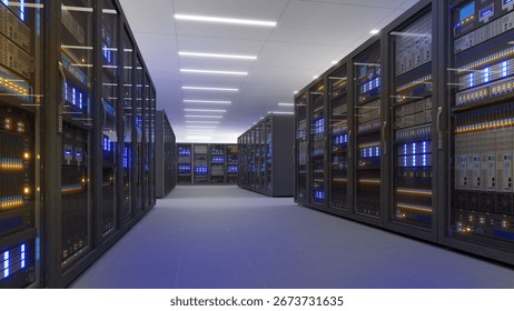 Black storage and processing unit, large AI processing server room, data center storage and network processing room, SSD and hard disk drive storage, and processor cooling system,3D rendering