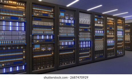 Black storage and processing unit, large AI processing server room, data center storage and network processing room, SSD and hard disk drive storage, and processor cooling system,3D rendering